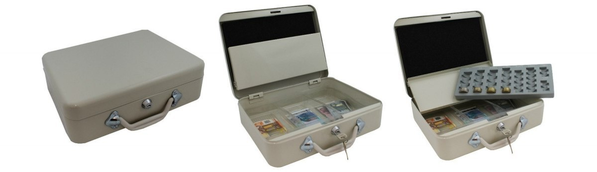 Kovová pokladnička na peníze světle šedá úložný box na mince euro 30 cm kazeta M12382